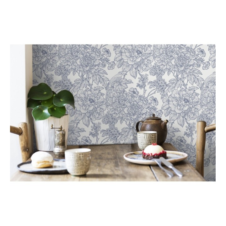 Papel pintado romántico flores y pájaros tonos azules  - Bristol Flowers 679529