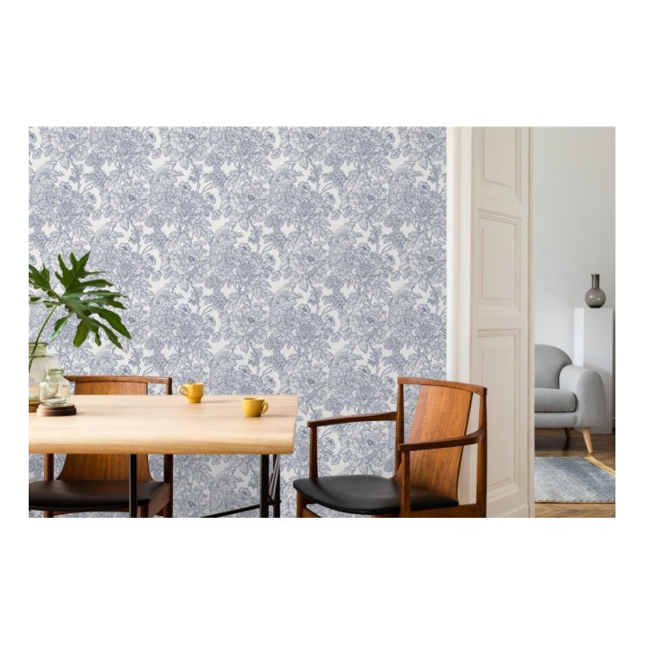 Papel pintado romántico flores y pájaros tonos azules  - Bristol Flowers 679529