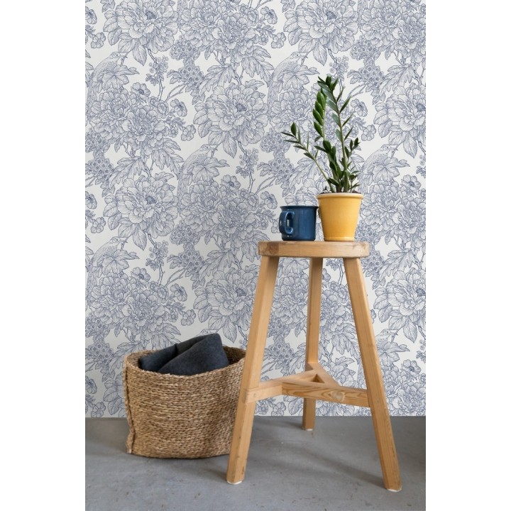 Papel pintado romántico flores y pájaros tonos azules  - Bristol Flowers 679529