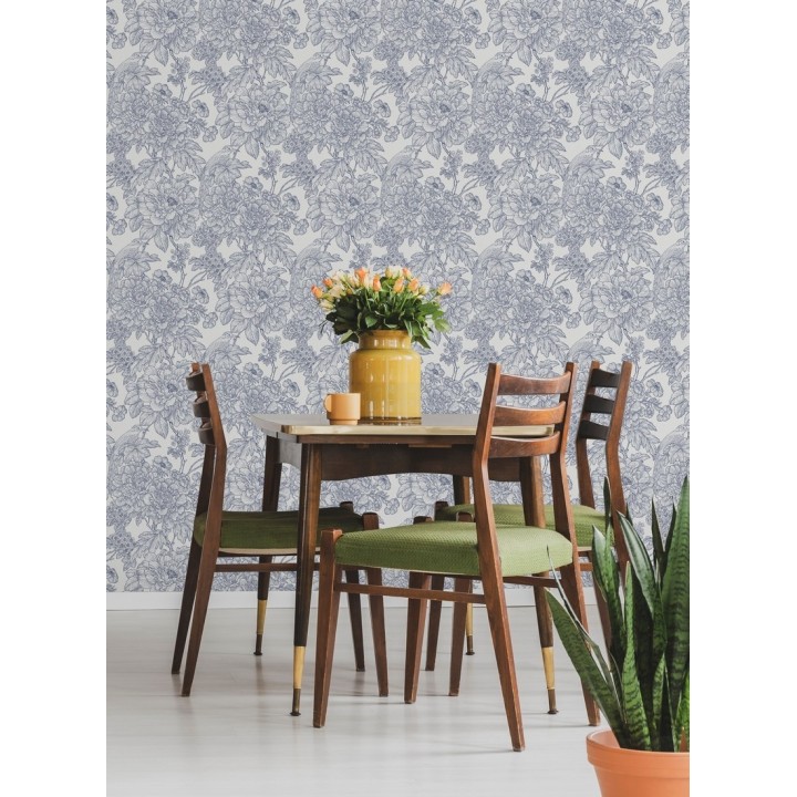 Papel pintado romántico flores y pájaros tonos azules  - Bristol Flowers 679529