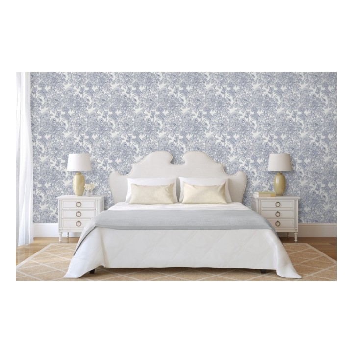 Papel pintado romántico flores y pájaros tonos azules  - Bristol Flowers 679529