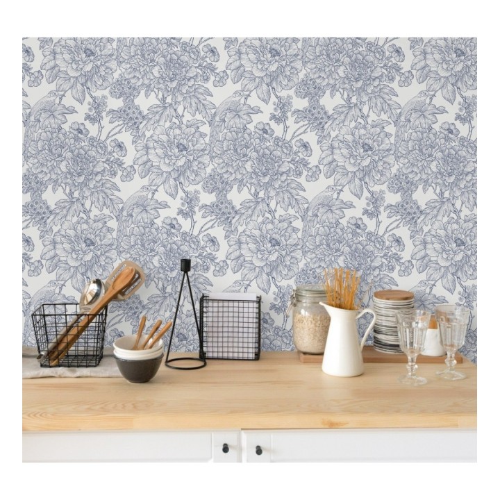 Papel pintado romántico flores y pájaros tonos azules  - Bristol Flowers 679529