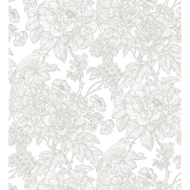 Papel pintado romántico flores y pájaros tonos gris claro  - Bristol Flowers 679530