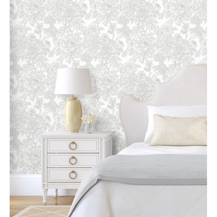 Papel pintado romántico flores y pájaros tonos gris claro  - Bristol Flowers 679530