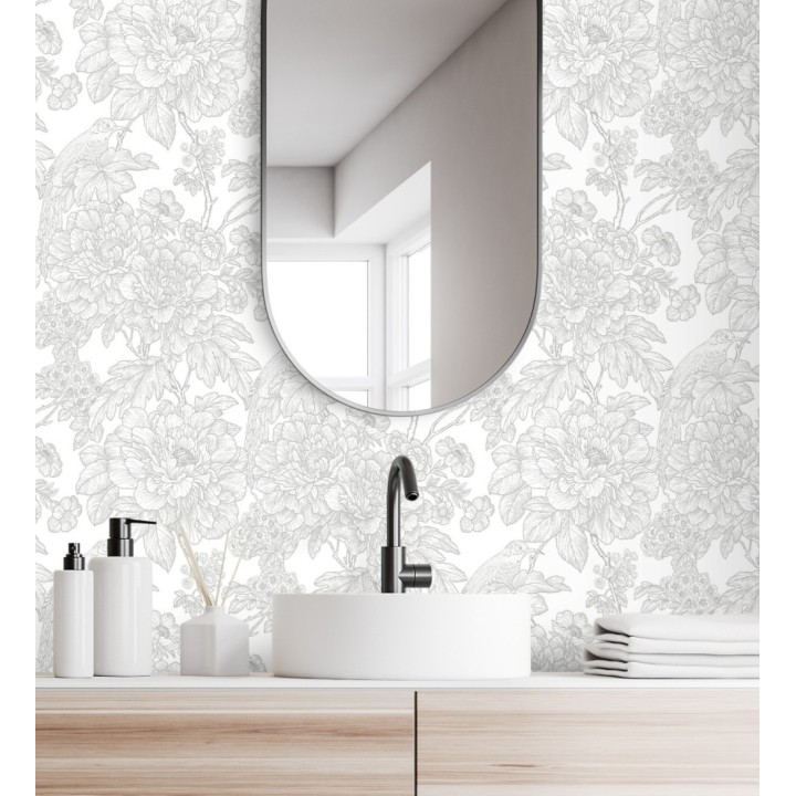 Papel pintado romántico flores y pájaros tonos gris claro  - Bristol Flowers 679530