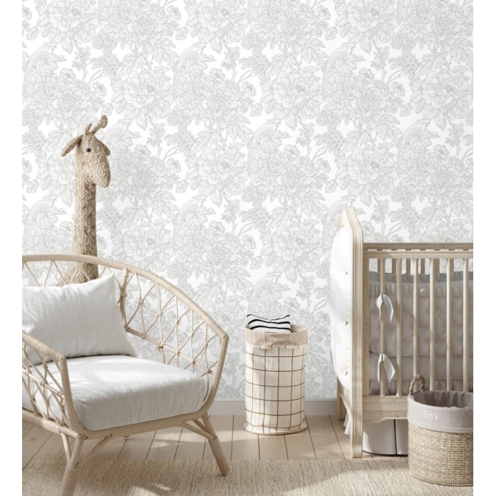 Papel pintado romántico flores y pájaros tonos gris claro  - Bristol Flowers 679530