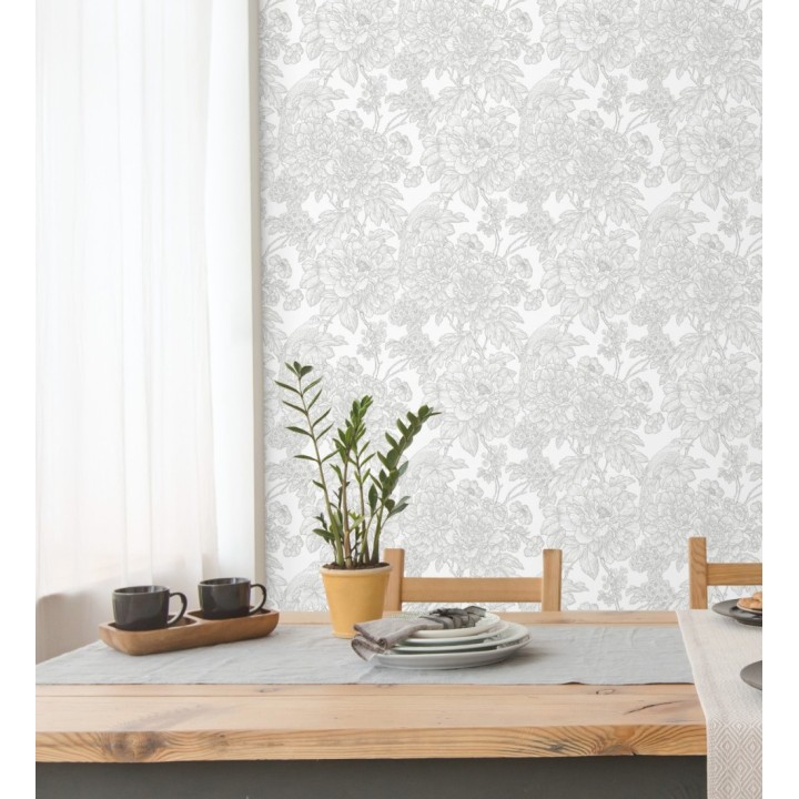 Papel pintado romántico flores y pájaros tonos gris claro  - Bristol Flowers 679530