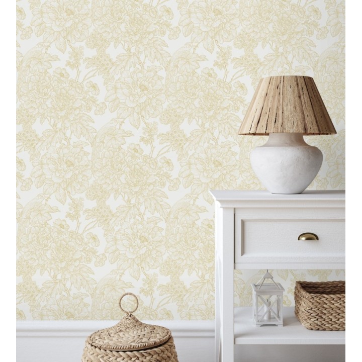 Papel pintado romántico flores y pájaros tonos beige  - Bristol Flowers 679531