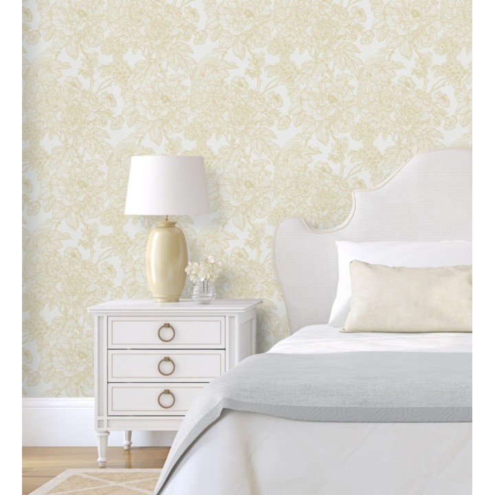 Papel pintado romántico flores y pájaros tonos beige  - Bristol Flowers 679531