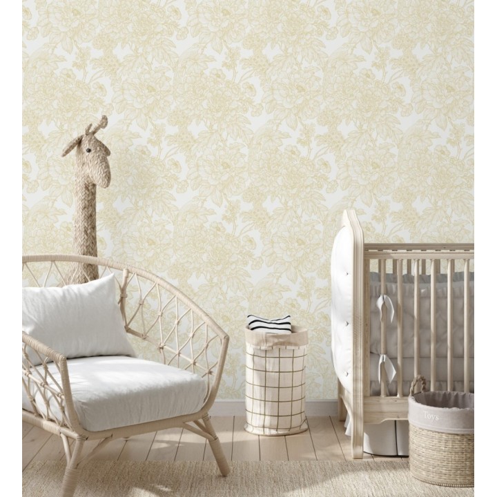 Papel pintado romántico flores y pájaros tonos beige  - Bristol Flowers 679531