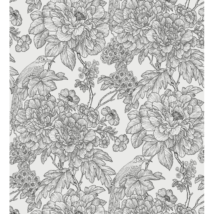 Papel pintado romántico flores y pájaros tonos gris oscuro - Bristol Flowers 679532