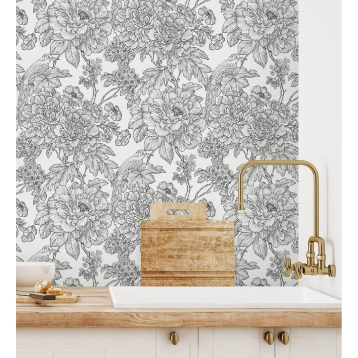 Papel pintado romántico flores y pájaros tonos gris oscuro - Bristol Flowers 679532