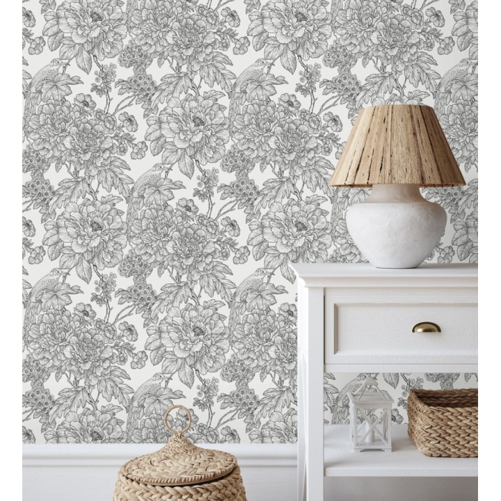 Papel pintado romántico flores y pájaros tonos gris oscuro - Bristol Flowers 679532