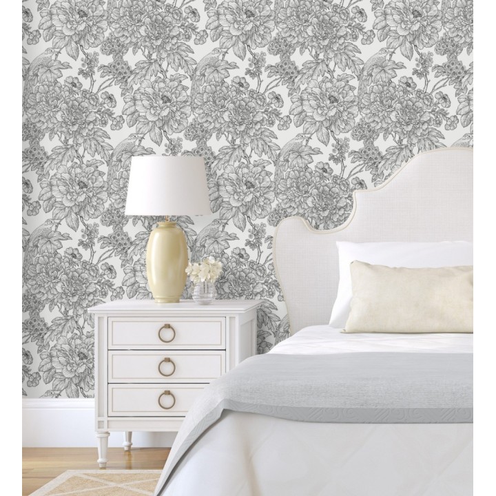 Papel pintado romántico flores y pájaros tonos gris oscuro - Bristol Flowers 679532