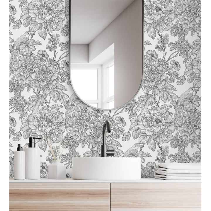 Papel pintado romántico flores y pájaros tonos gris oscuro - Bristol Flowers 679532