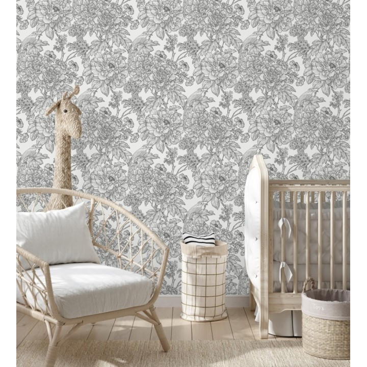 Papel pintado romántico flores y pájaros tonos gris oscuro - Bristol Flowers 679532