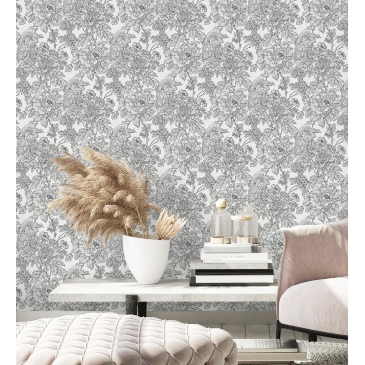 Papel pintado romántico flores y pájaros tonos gris oscuro - Bristol Flowers 679532