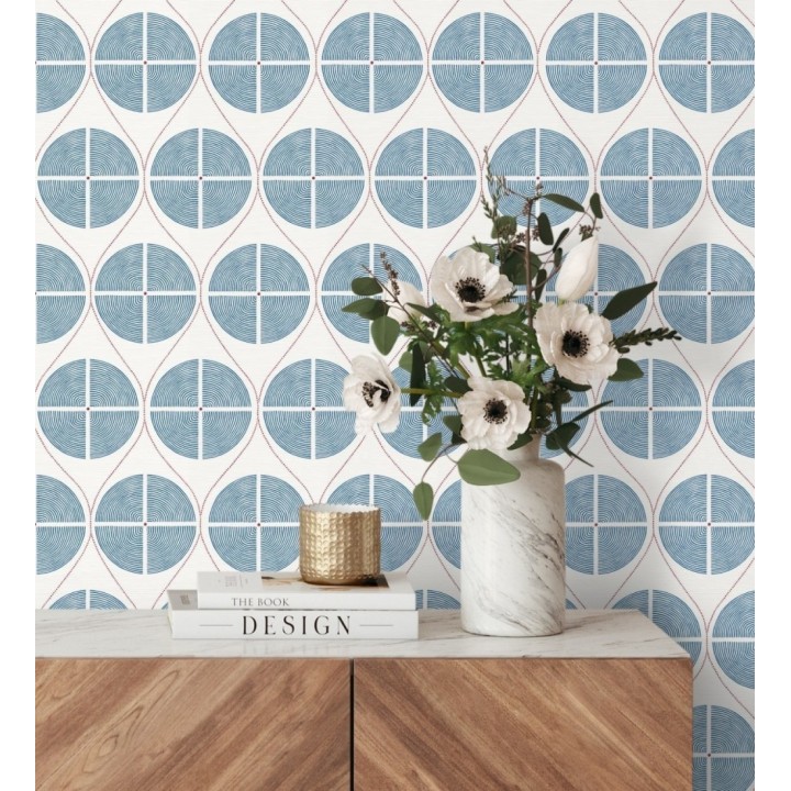 Papel pintado geométrico de círculos estilo retro tonos azules - Glover 679542