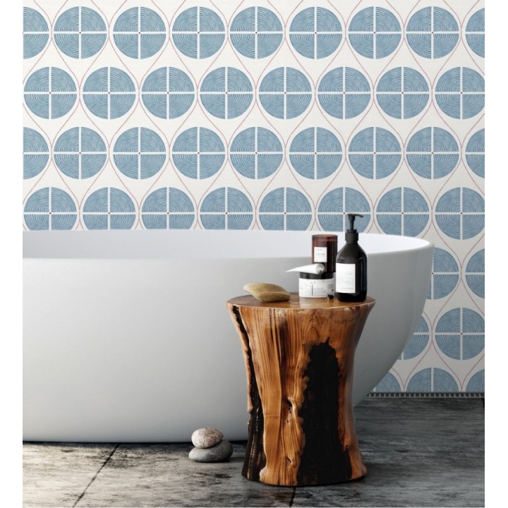 Papel pintado geométrico de círculos estilo retro tonos azules - Glover 679542