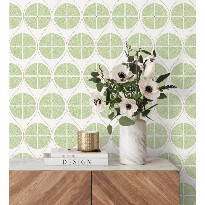 Papel pintado geométrico de círculos estilo retro tonos verdes - Glover 679544