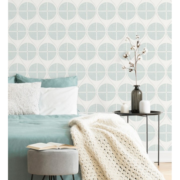 Papel pintado geométrico de círculos estilo retro tonos celestes - Glover 679545