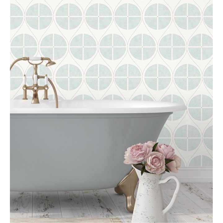 Papel pintado geométrico de círculos estilo retro tonos celestes - Glover 679545