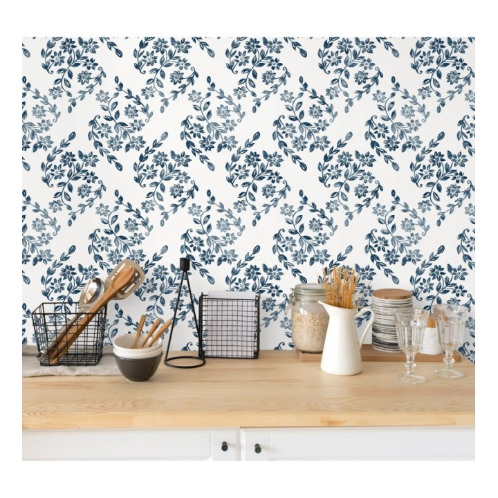 Papel pintado hojas pequeñas simétricas tonos azules - Emily Garden 679546