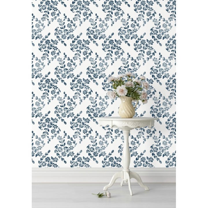 Papel pintado hojas pequeñas simétricas tonos azules - Emily Garden 679546