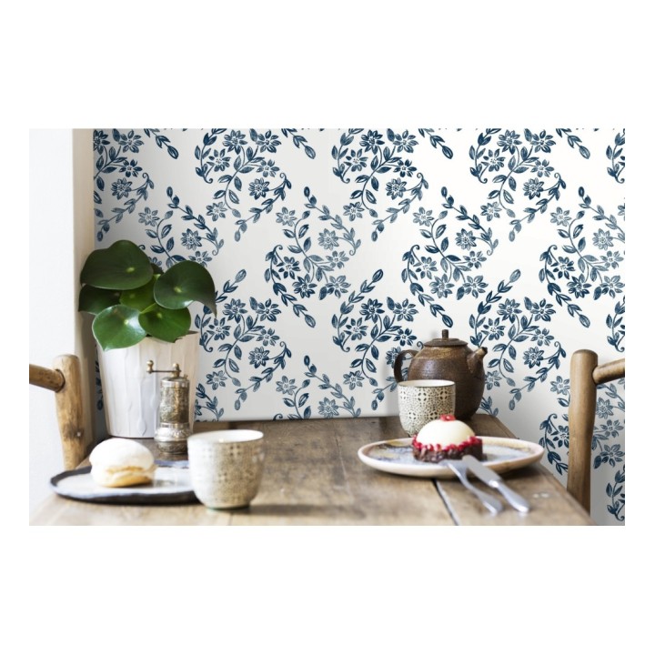 Papel pintado hojas pequeñas simétricas tonos azules - Emily Garden 679546