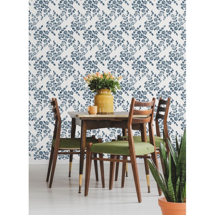 Papel pintado hojas pequeñas simétricas tonos azules - Emily Garden 679546