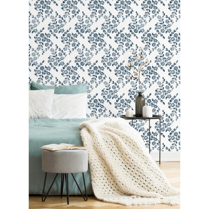 Papel pintado hojas pequeñas simétricas tonos azules - Emily Garden 679546