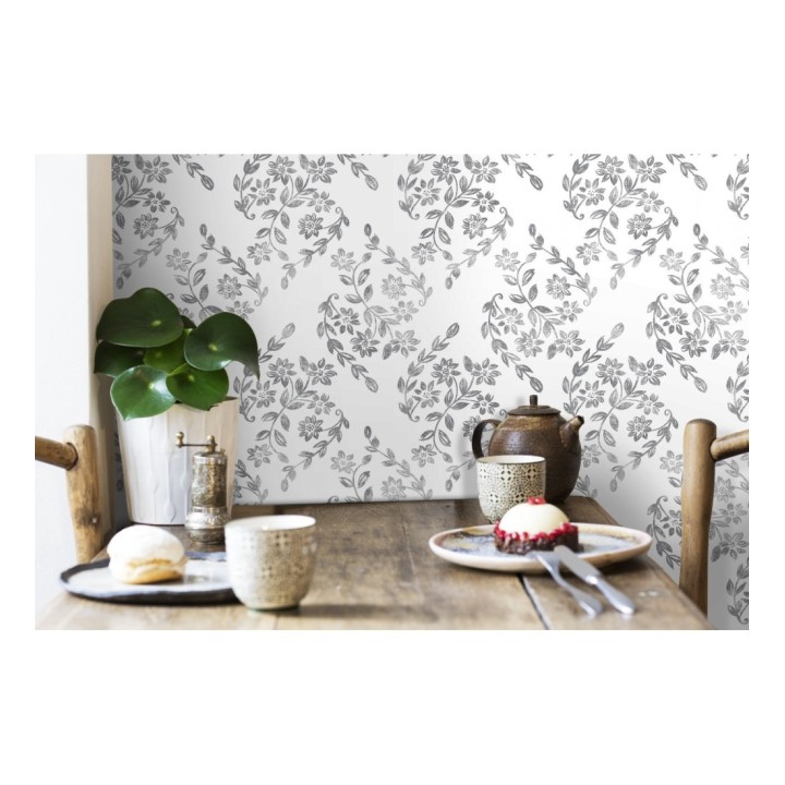 Papel pintado hojas pequeñas simétricas tonos grises - Emily Garden 679547