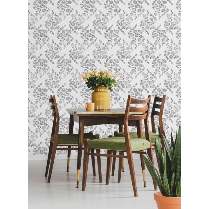 Papel pintado hojas pequeñas simétricas tonos grises - Emily Garden 679547