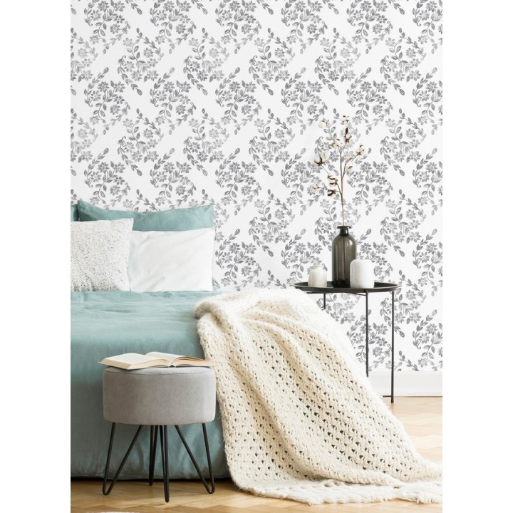 Papel pintado hojas pequeñas simétricas tonos grises - Emily Garden 679547