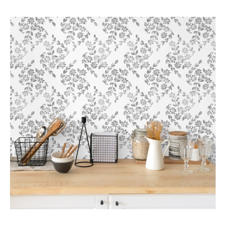 Papel pintado hojas pequeñas simétricas tonos grises - Emily Garden 679547