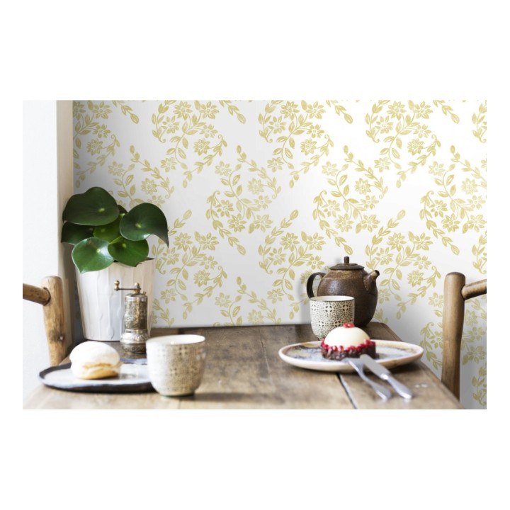 Papel pintado hojas pequeñas simétricas tonos amarillos - Emily Garden 679548