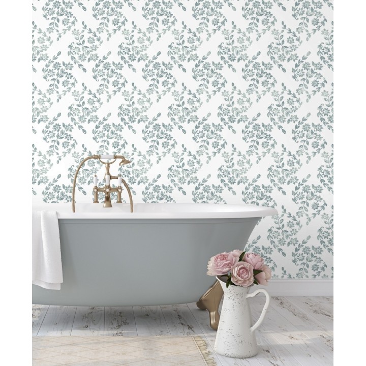 Papel pintado hojas pequeñas simétricas tonos celeste turquesa - Emily Garden 679549