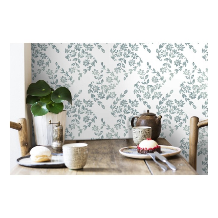 Papel pintado hojas pequeñas simétricas tonos celeste turquesa - Emily Garden 679549