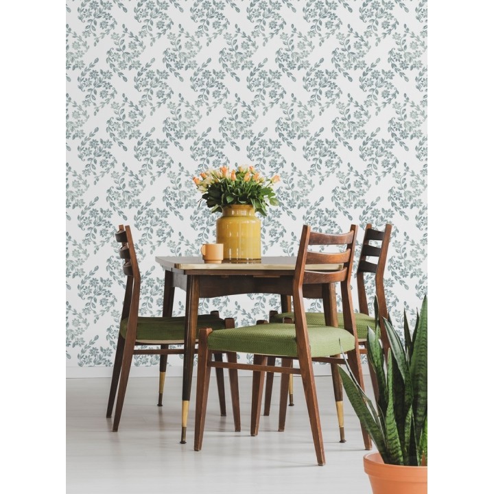 Papel pintado hojas pequeñas simétricas tonos celeste turquesa - Emily Garden 679549