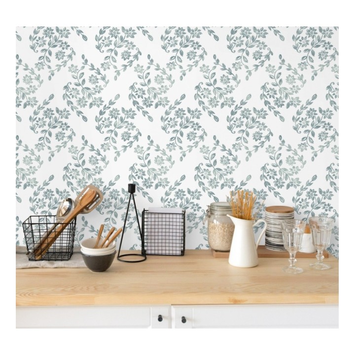 Papel pintado hojas pequeñas simétricas tonos celeste turquesa - Emily Garden 679549