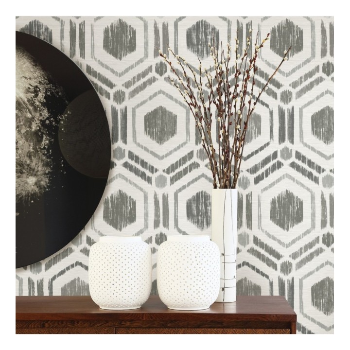 Papel pintado geométrico de hexágonos concéntricos tonos grises - Hagen Etnik 679550