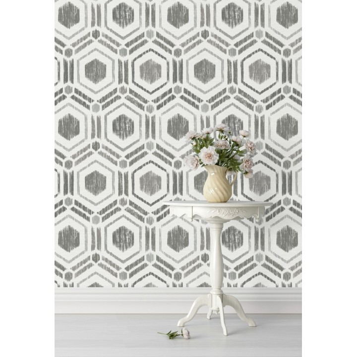 Papel pintado geométrico de hexágonos concéntricos tonos grises - Hagen Etnik 679550