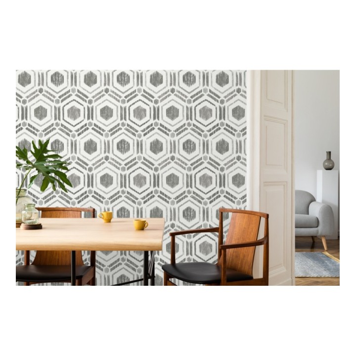 Papel pintado geométrico de hexágonos concéntricos tonos grises - Hagen Etnik 679550