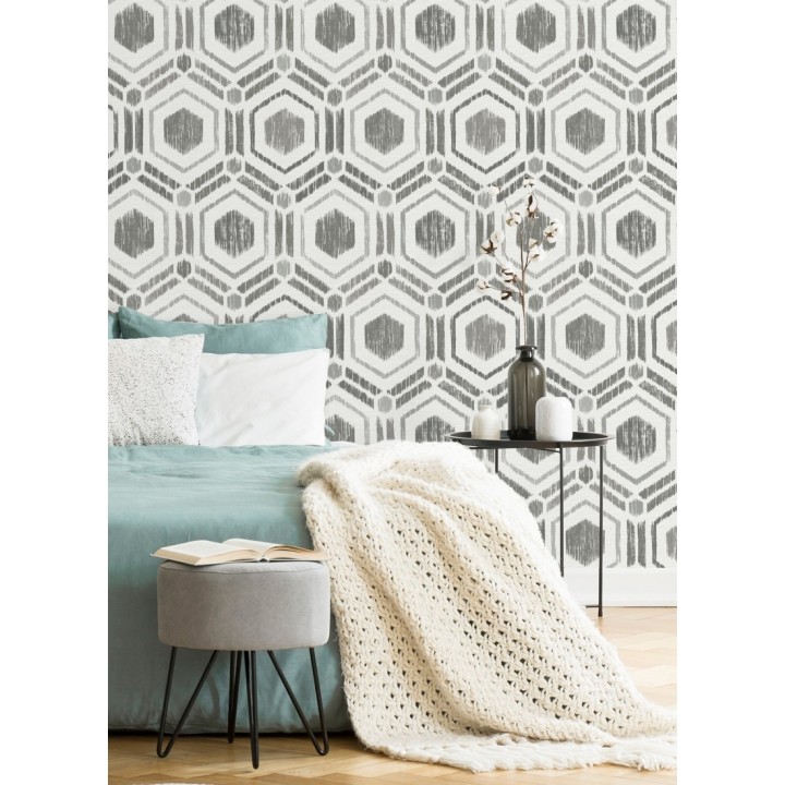 Papel pintado geométrico de hexágonos concéntricos tonos grises - Hagen Etnik 679550