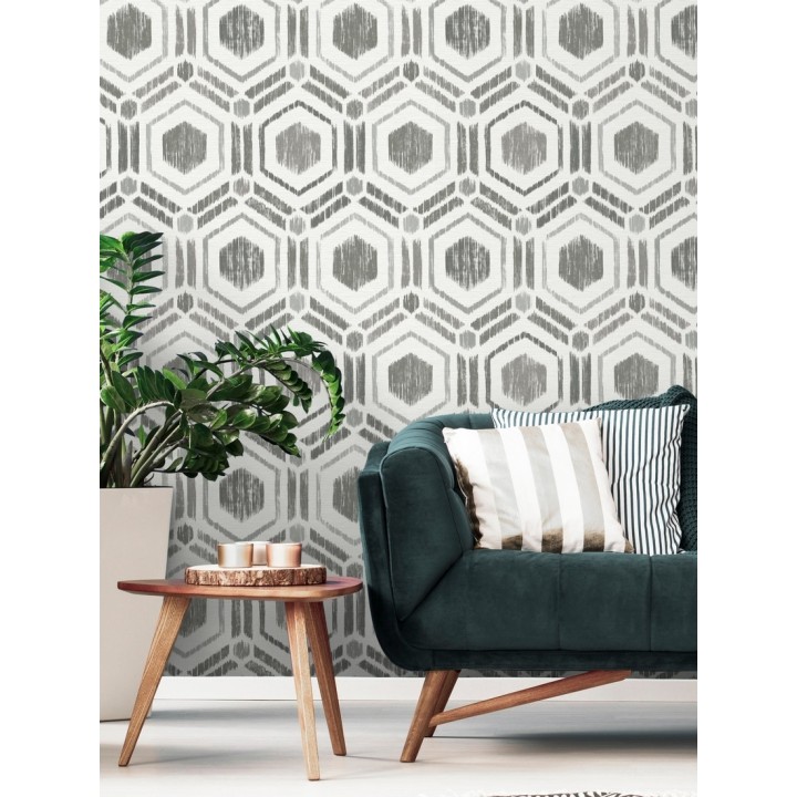 Papel pintado geométrico de hexágonos concéntricos tonos grises - Hagen Etnik 679550