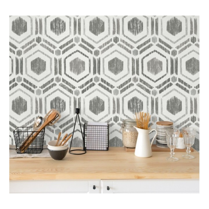 Papel pintado geométrico de hexágonos concéntricos tonos grises - Hagen Etnik 679550