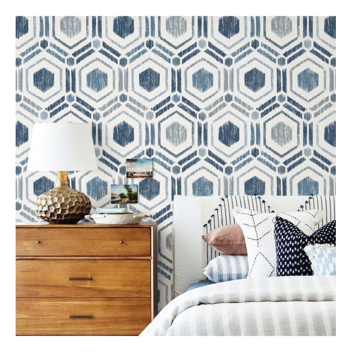 Papel pintado geométrico de hexágonos concéntricos tonos azules - Hagen Etnik 679551