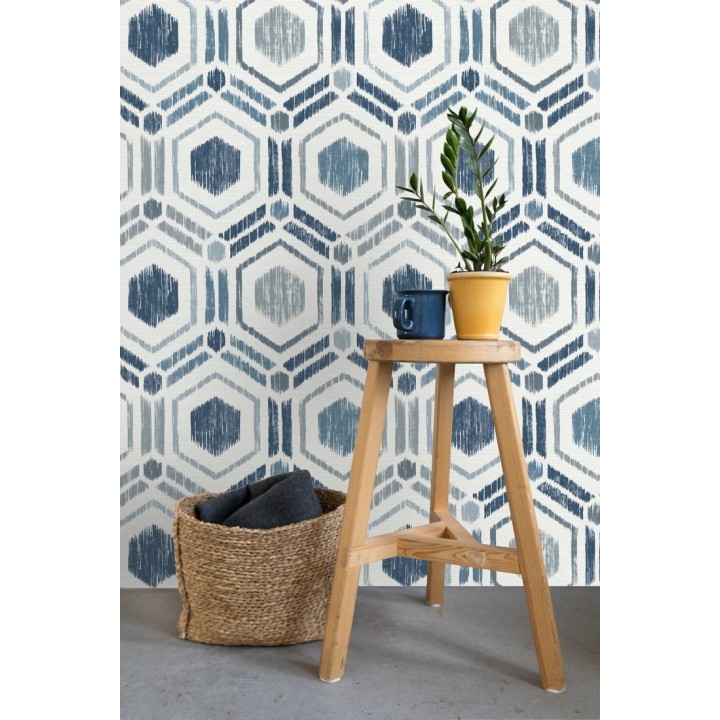 Papel pintado geométrico de hexágonos concéntricos tonos azules - Hagen Etnik 679551