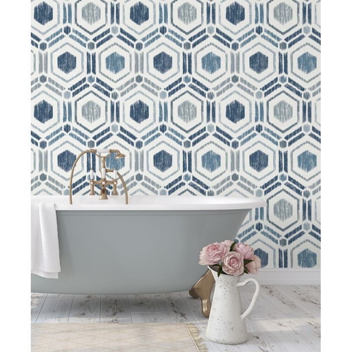 Papel pintado geométrico de hexágonos concéntricos tonos azules - Hagen Etnik 679551
