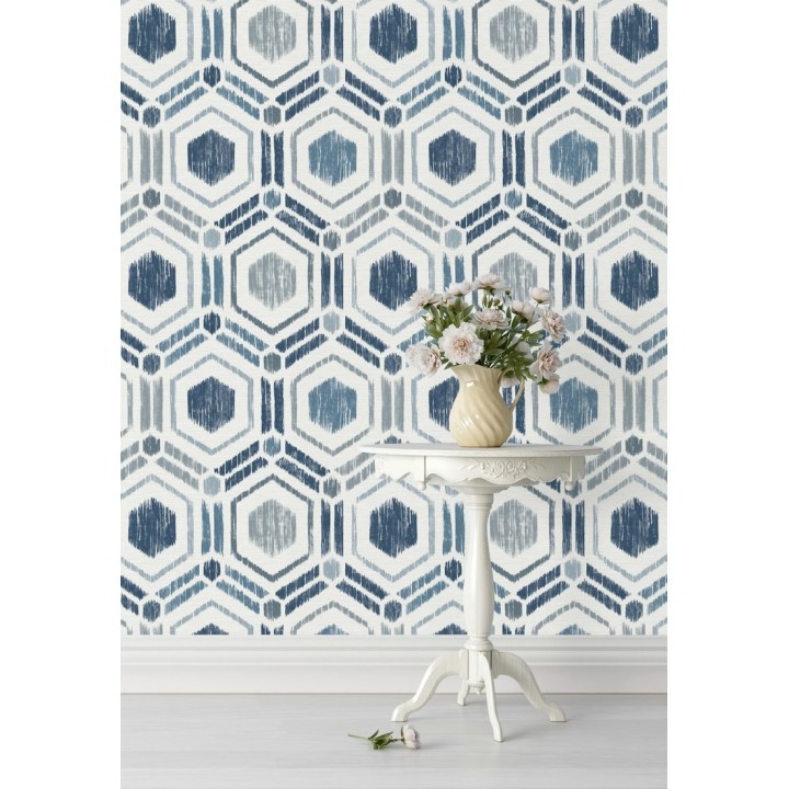 Papel pintado geométrico de hexágonos concéntricos tonos azules - Hagen Etnik 679551